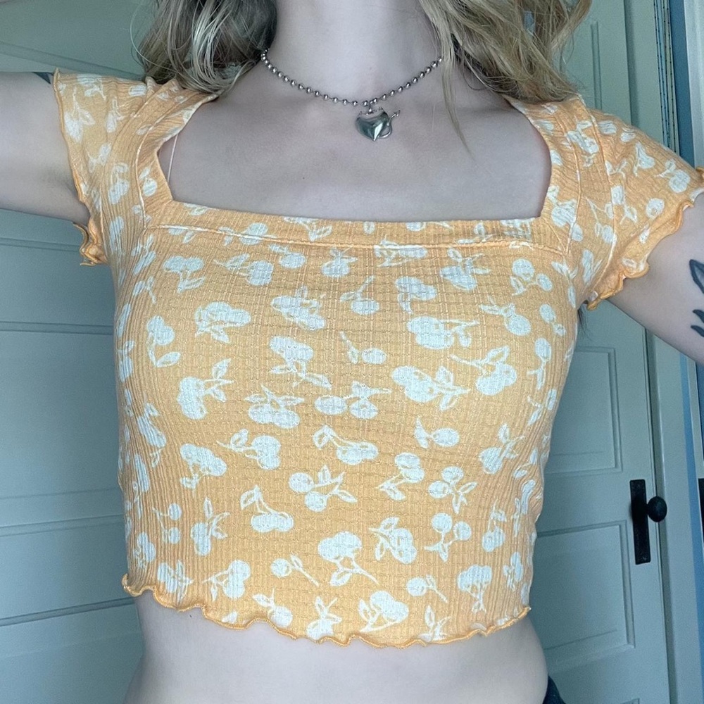 Urban Outfitters Orange Cherry Print Lettuce Edge Crop Top Small